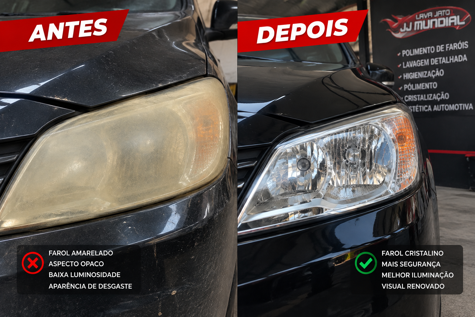 Comparativo antes e depois da restauração de farol na JJ Mundial