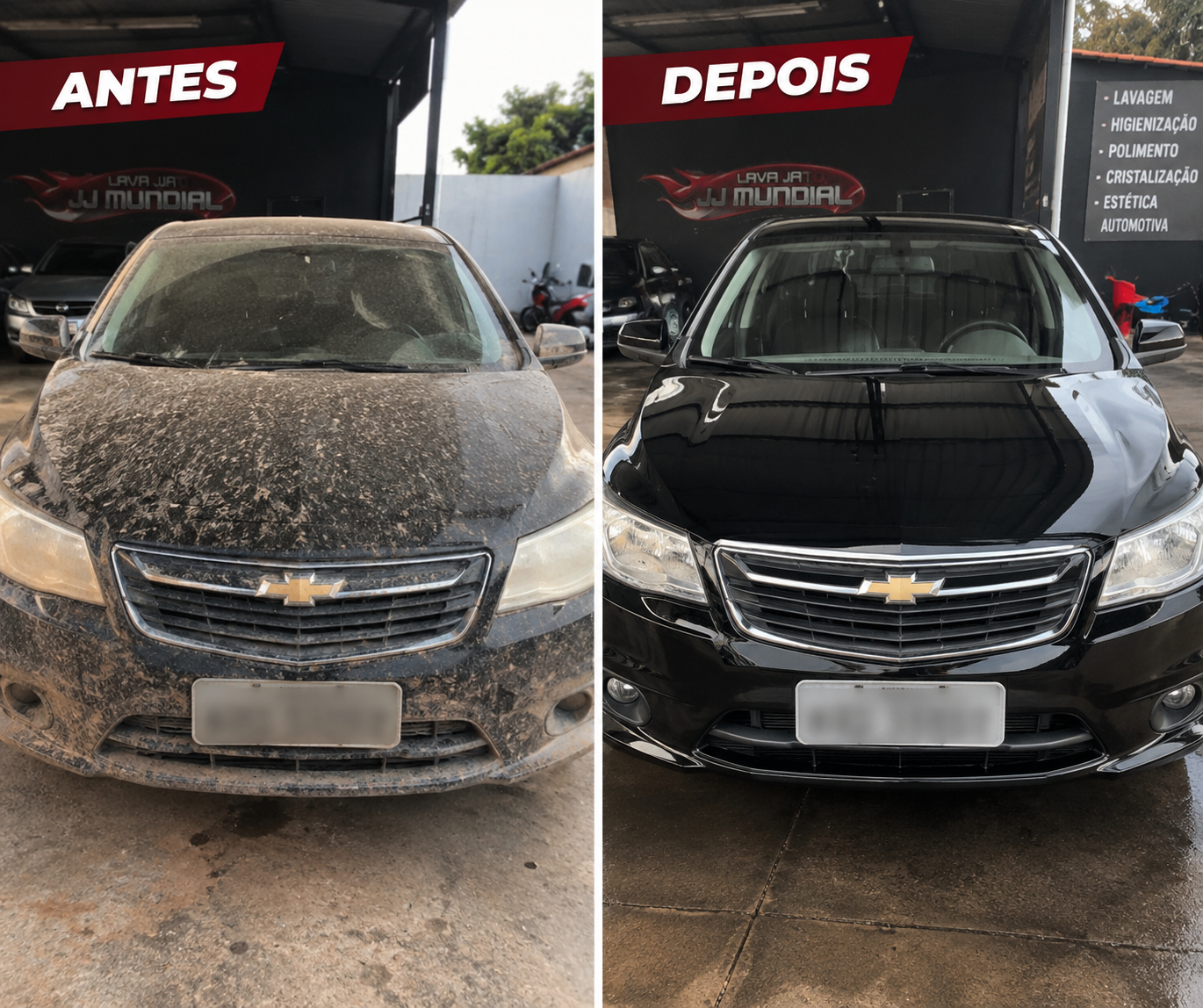 Comparativo antes e depois de lavagem e estética automotiva completa